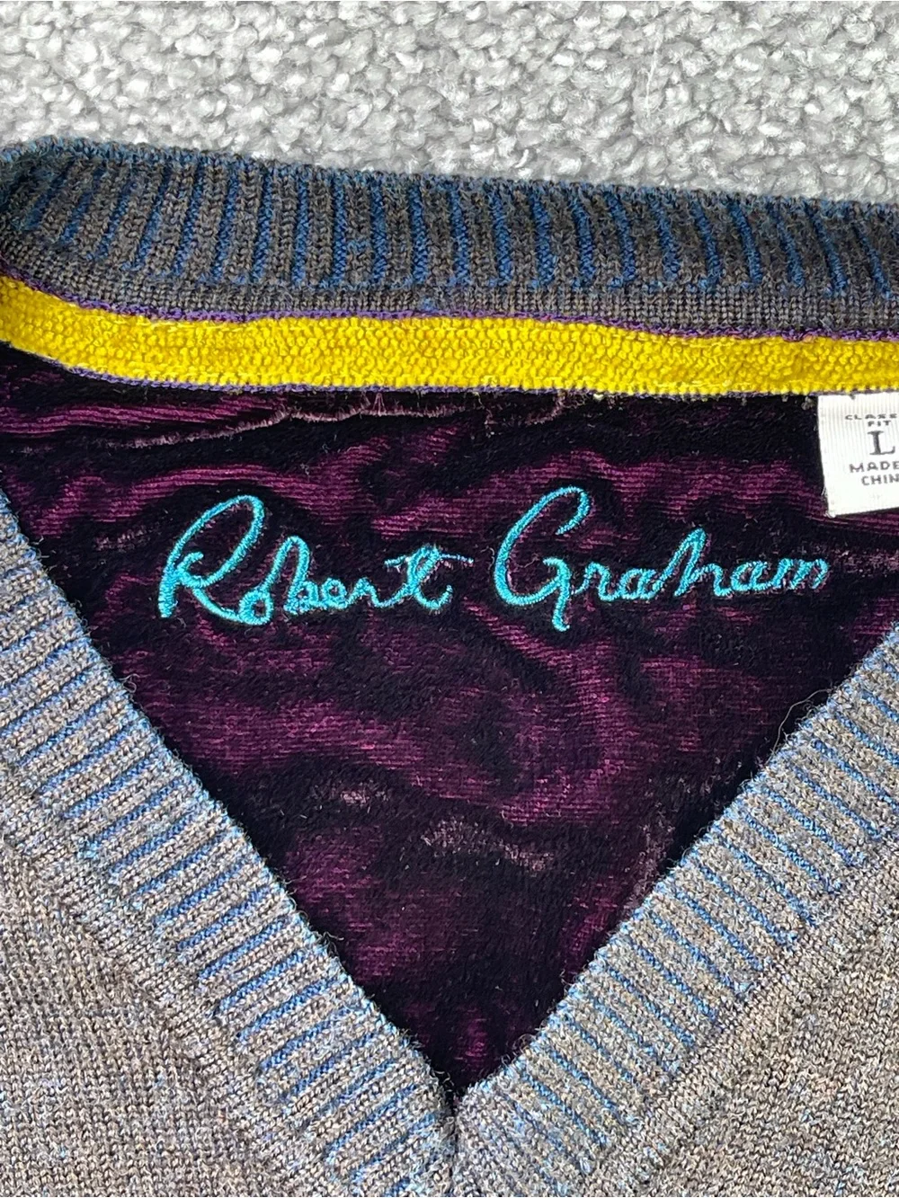Robert Graham Men's Large Brown V-Neck Wool Sweater